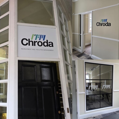 An image collage of the interior Chroda signage and window graphics